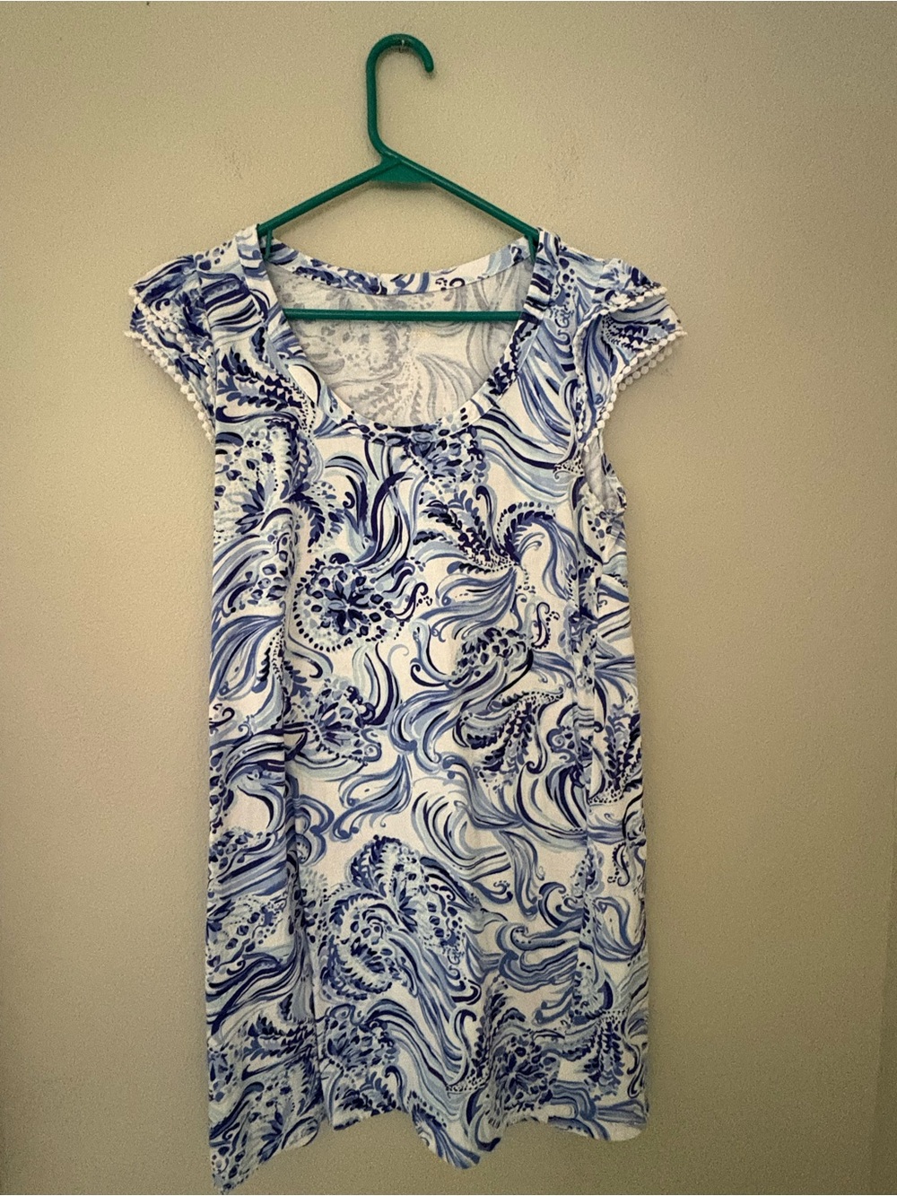 Lilly Pulitzer Blue White Wave Print Flutter Sleeve Shift Dress Size M
